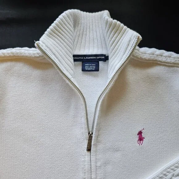 Polo Women's Full Zip Sweater, White, M-L, 2 Pockets - Picture 2 of 4